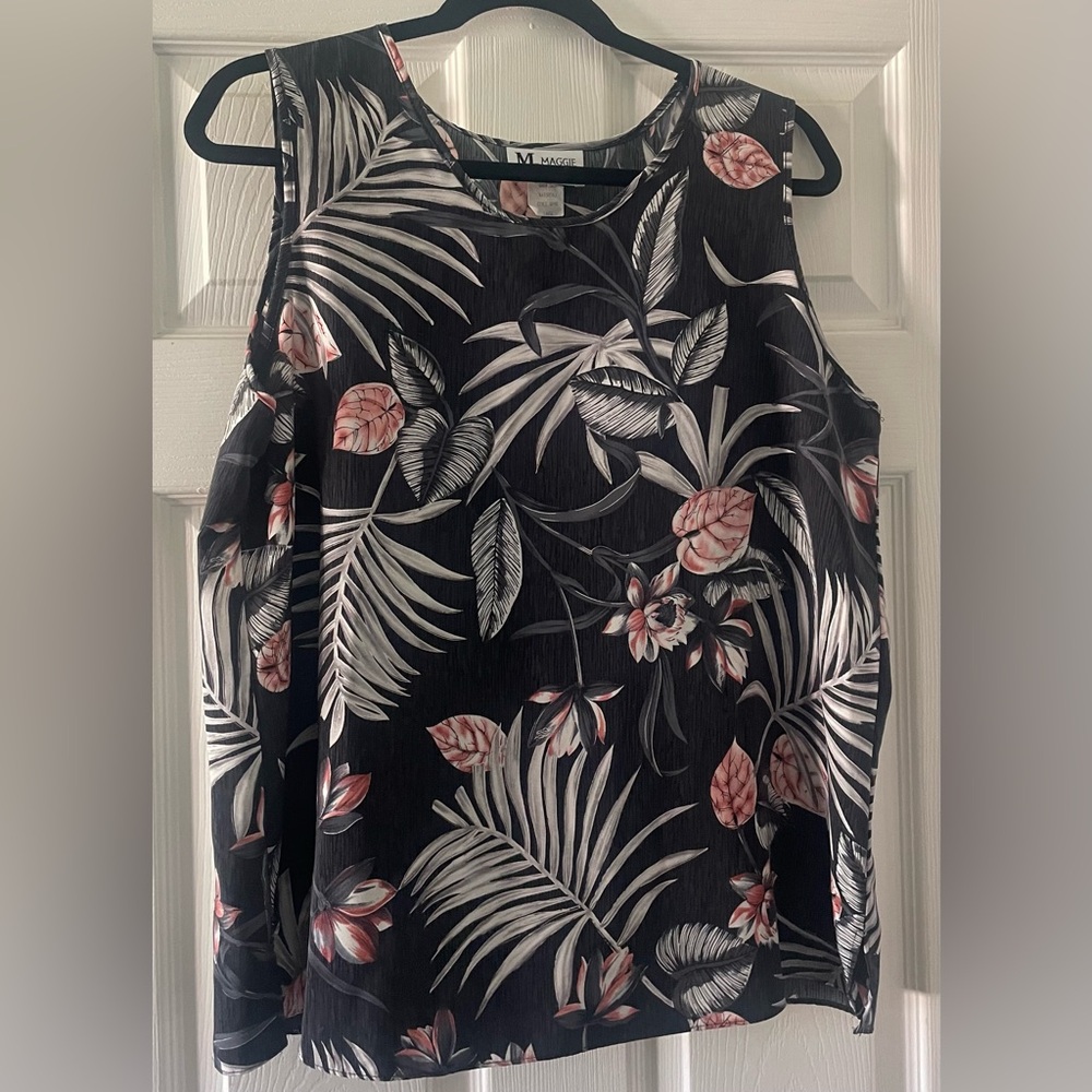 Vintage Sleeveless Black and Pink Floral Top